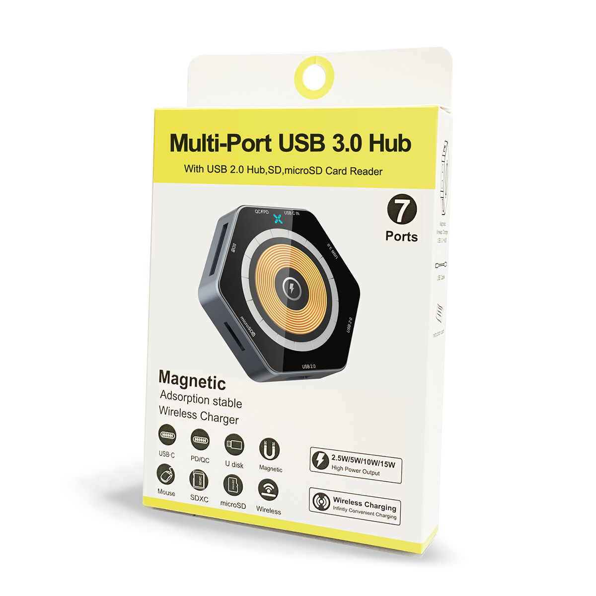 Hexagon Shaped 15W Magnetic Fast Wireless Charger, USB Hub and Card Reader With QC and PD 12