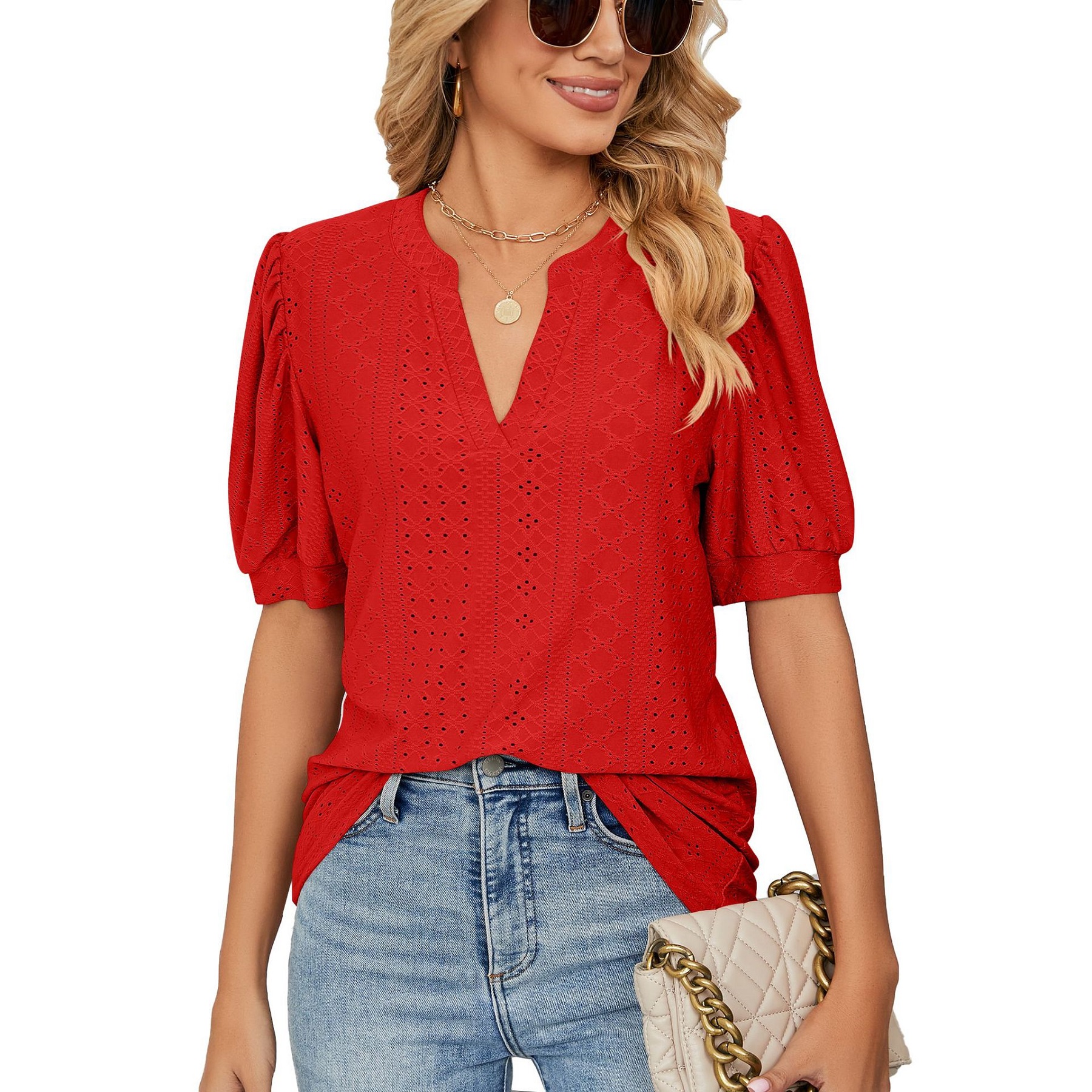 Women's Casual V Neck Solid Color Hollow Short Sleeve 11