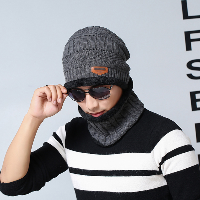 Unisex Beanie Knit Hats Scarf Set w/Thick Fleece Lined 5