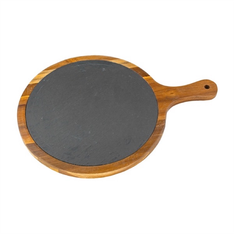 Large Flair Round Acacia Wood & Slate Serving Board w/Handle 2