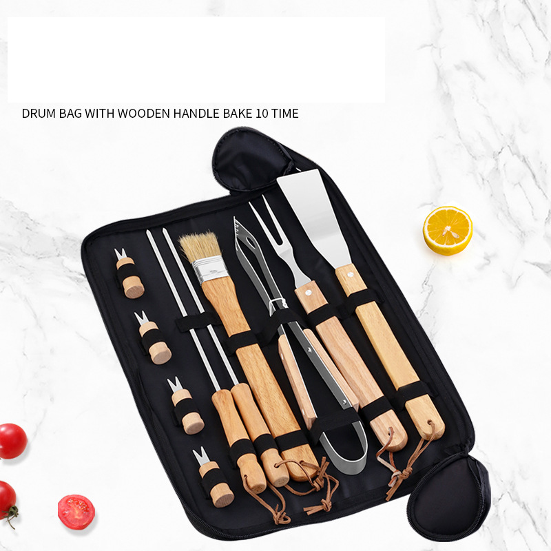 10 Piece Set Grill Oxford Bag Combination Oak Handle Outdoor BBQ Tools 3