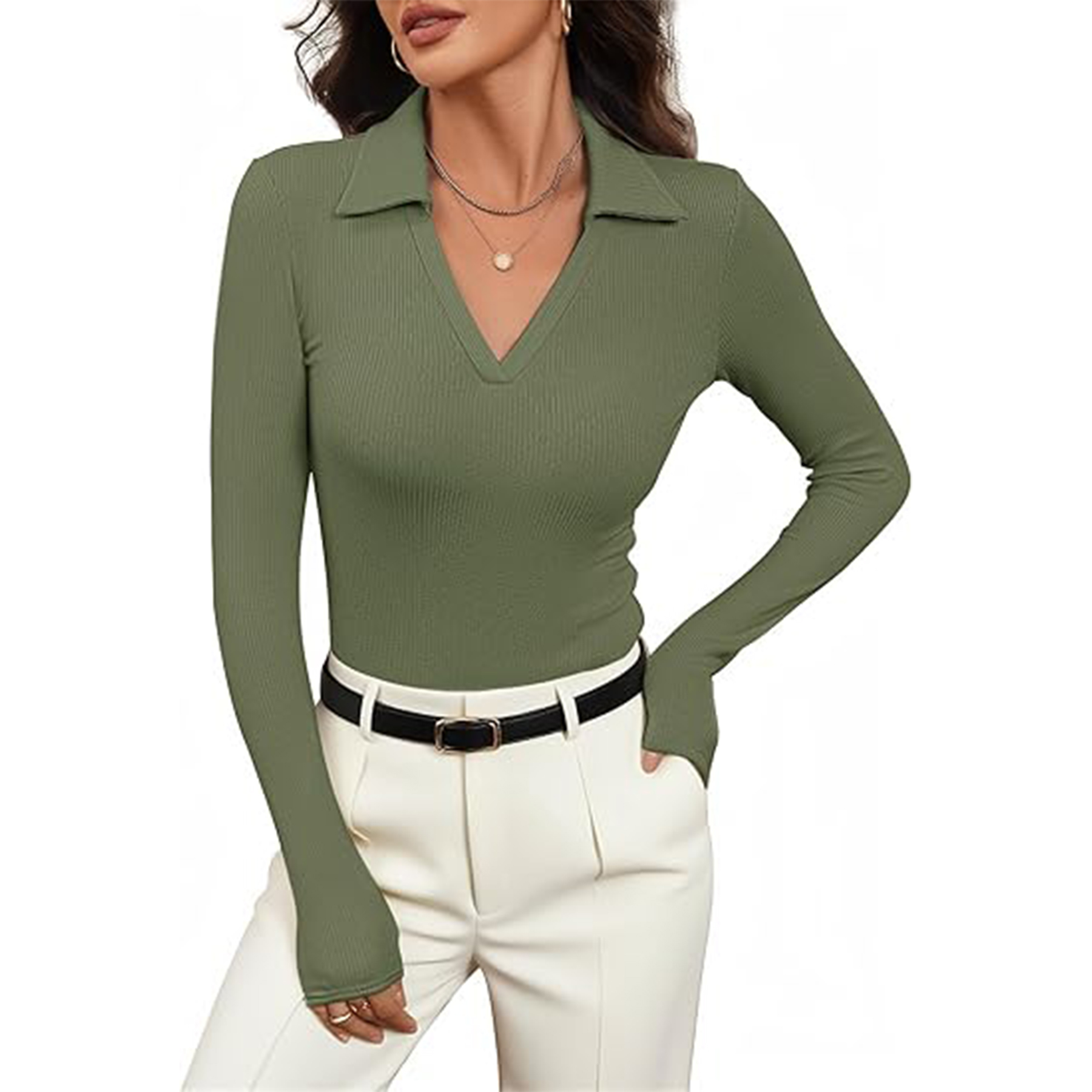 Women Long Sleeve V Neck Polo Shirt 22