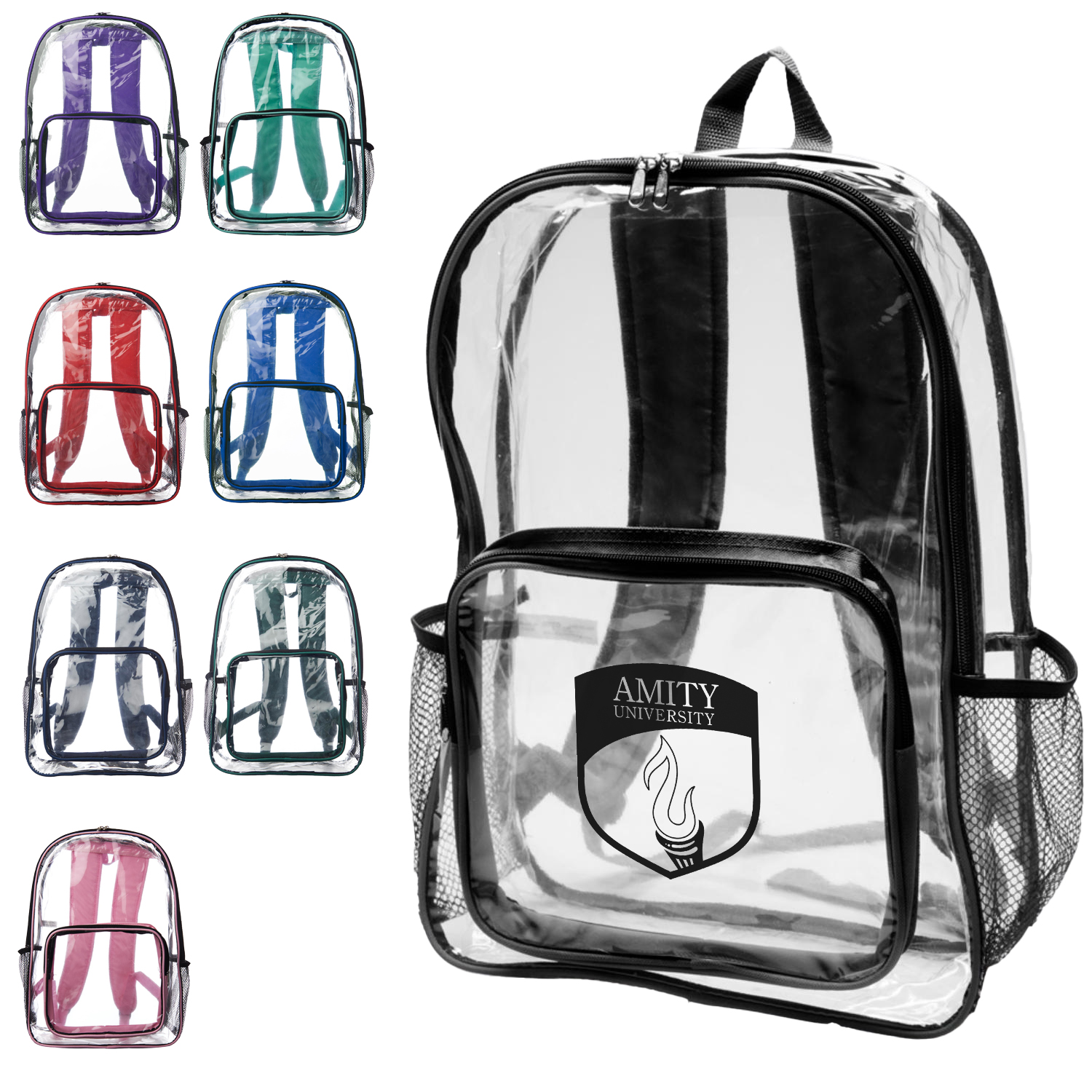 Clear Plastic Backpack w/ Mesh Pocket 13"W x 18"H 2