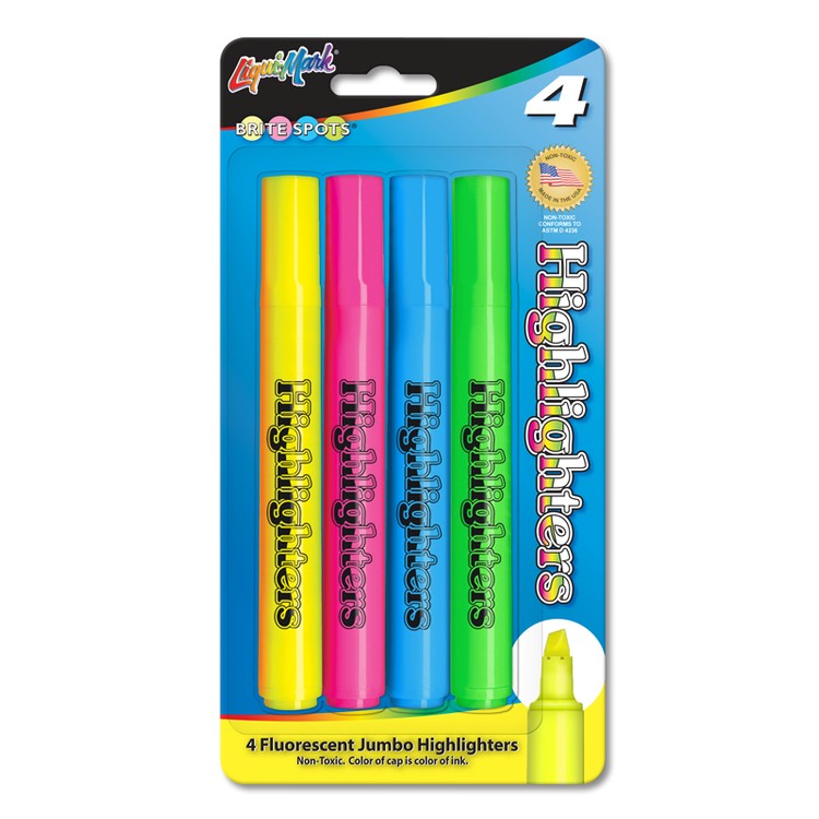 4 Pack Fluorescent Broadline Highlighters, Chisel Tip - Made in the USA