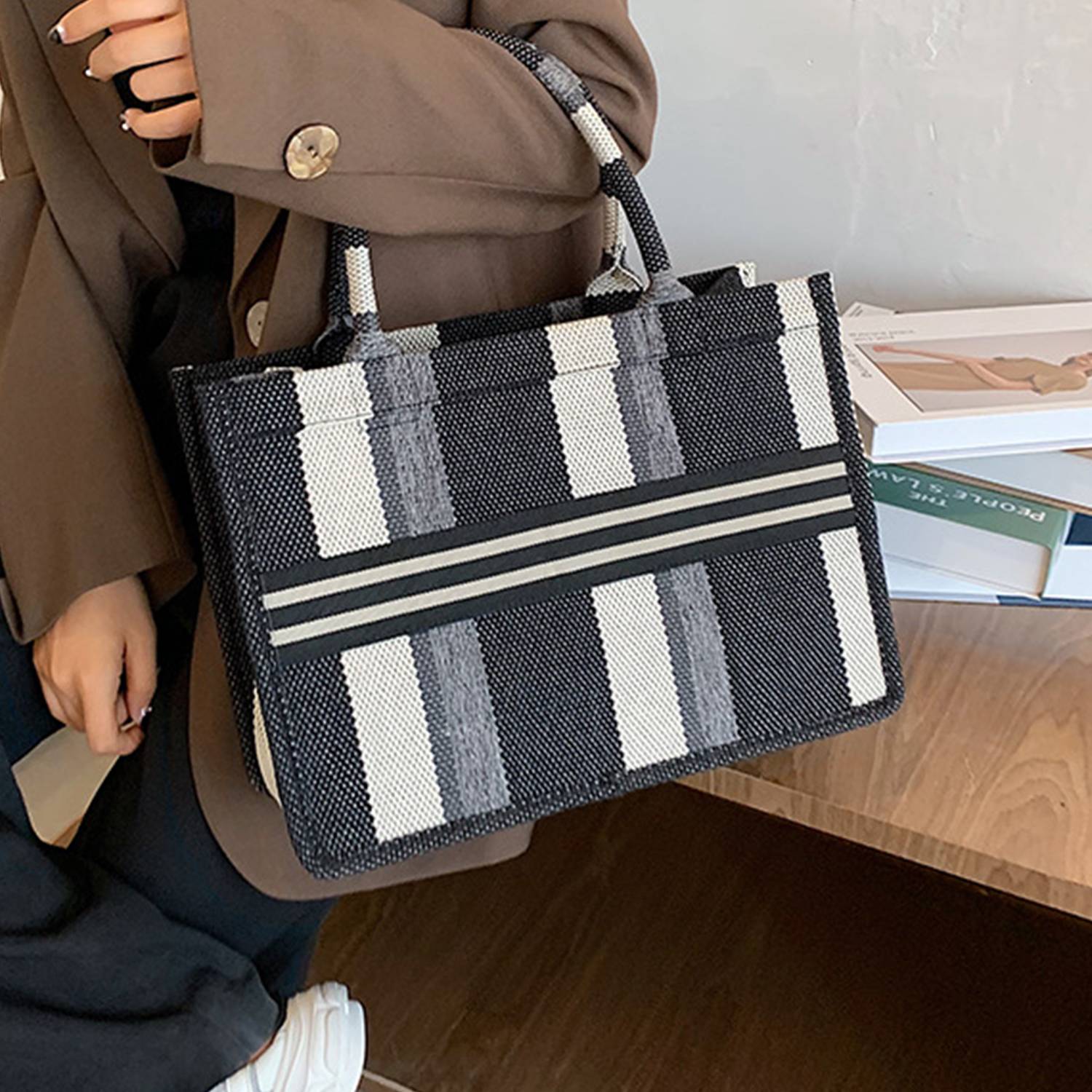 Canvas Tote Bag Simple Stripe Large Capacity, custom tote bag with logo imprint 6