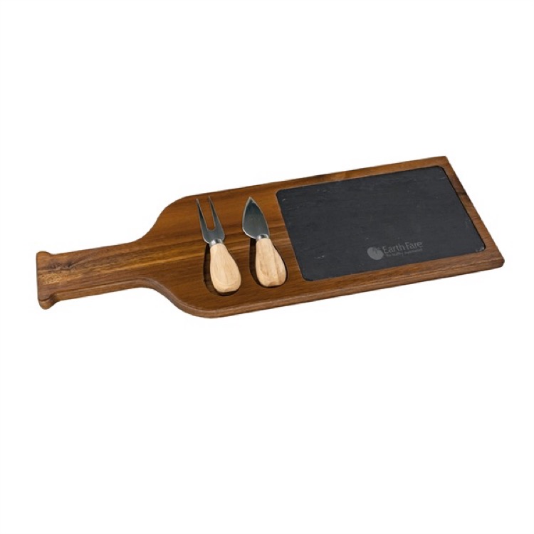 Flair Acacia Wood & Slate Serving Bottle Board w/2 Tools