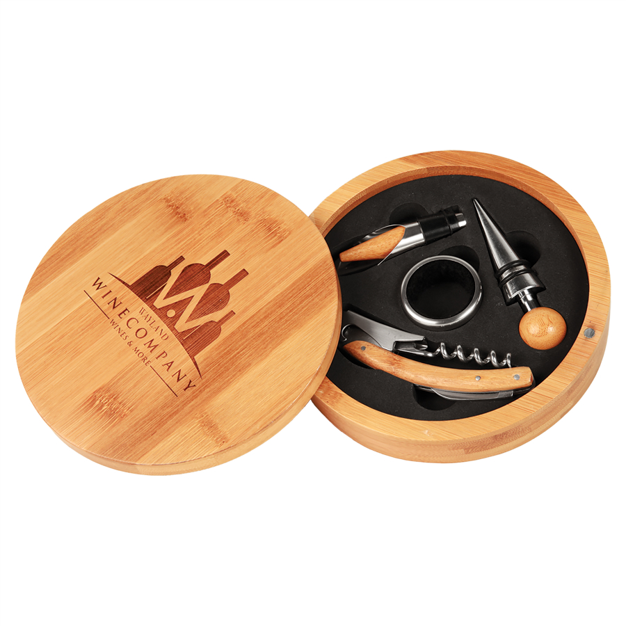 6 1/4" Round Bamboo 4-Piece Wine Tool Set 1