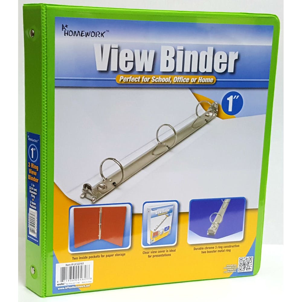1" 3-Ring Binders - Lime Green View Cover 2 Pockets 1