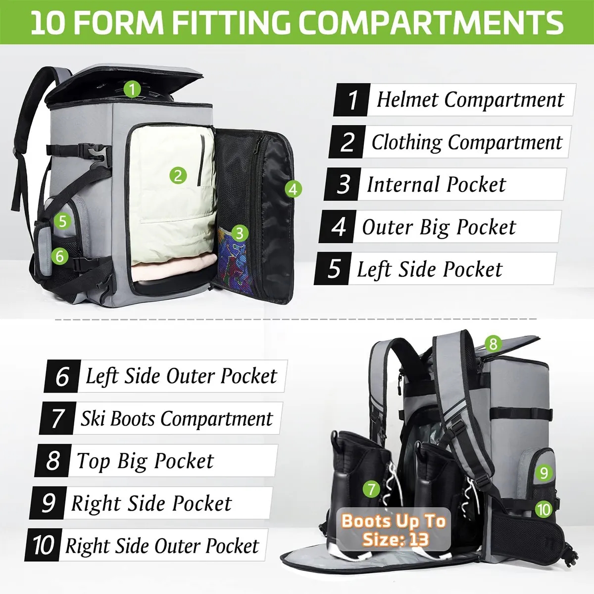60L Large Capacity 900D Waterproof Ski Boot Bag Backpack 5