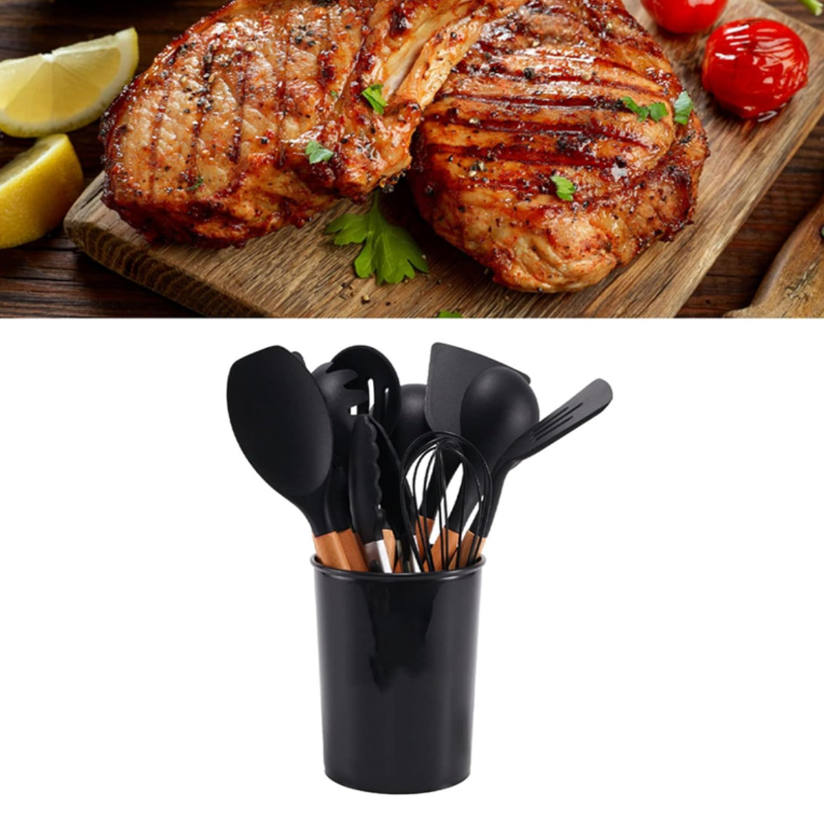 12-Piece Silicone Kitchen Utensil Set with Wood Handles 7