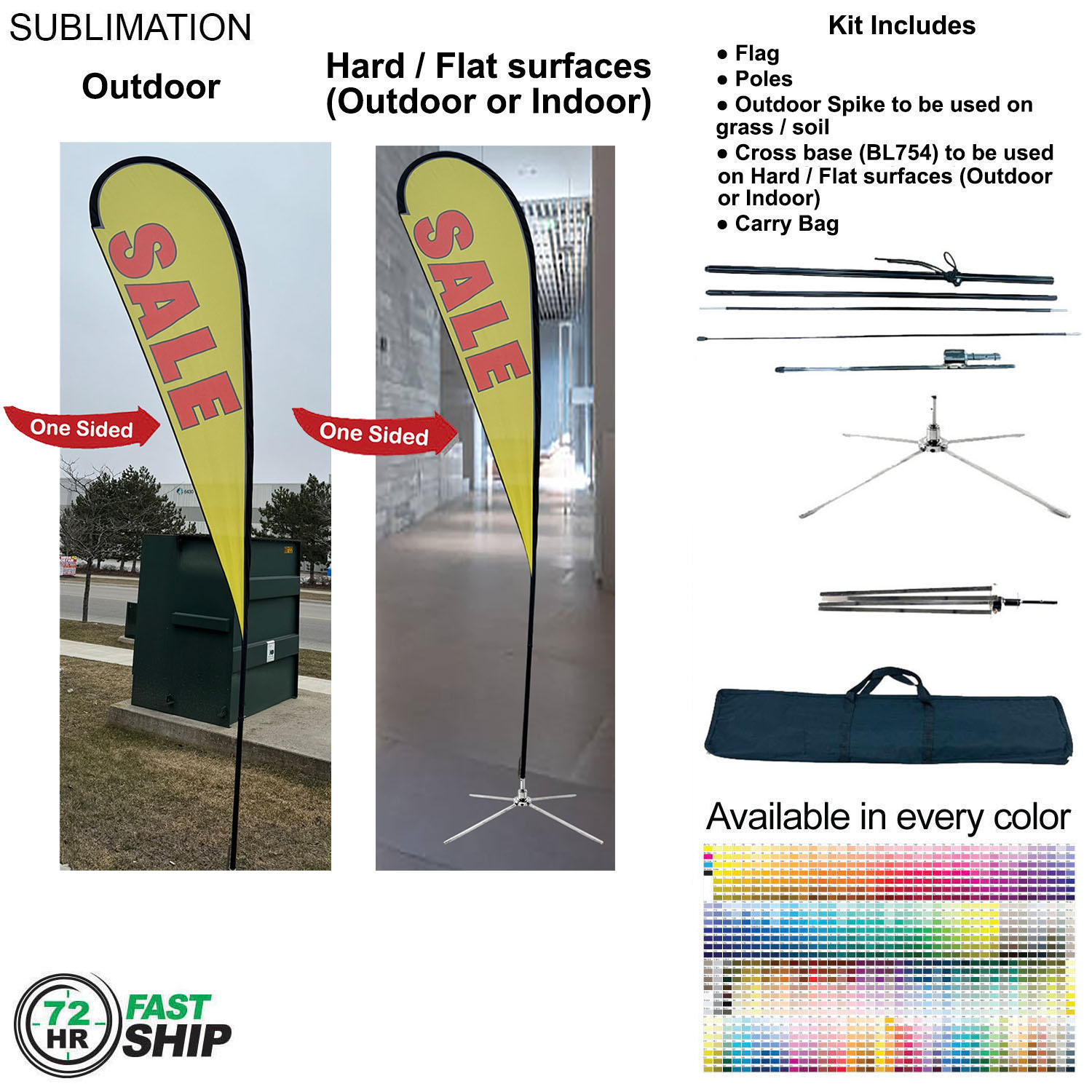 72Hr Fast Ship -13.5' Large Tear Drop Flag Kit, Full Color Graphics One Side, Outdoor & Indoor bases 6
