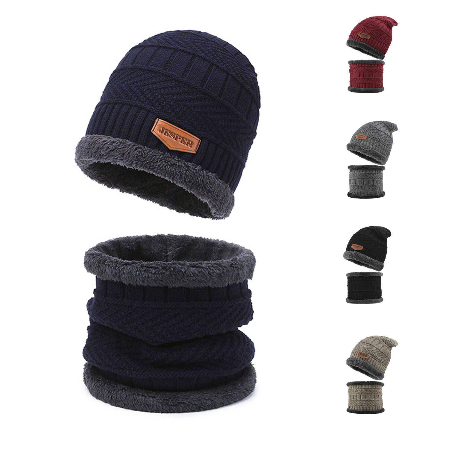 Mens Womens Winter Knit Thick Fleece Hats Scarf Set 5