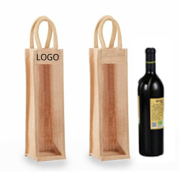Clear Front Jute Single Bottle Wine Bag 2