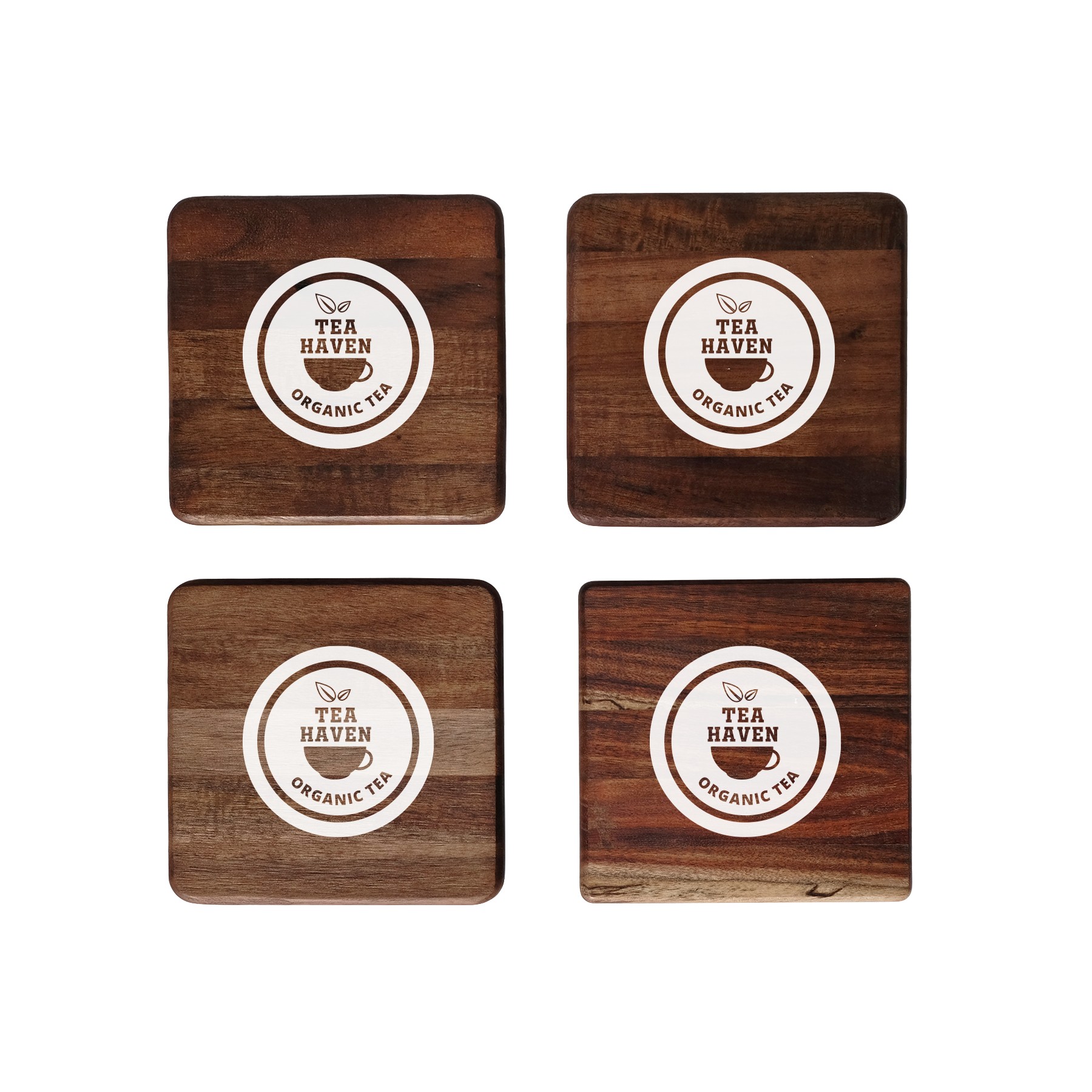 4 Pc. Acacia Wood Square Coaster Set with Black Metal Stand 7