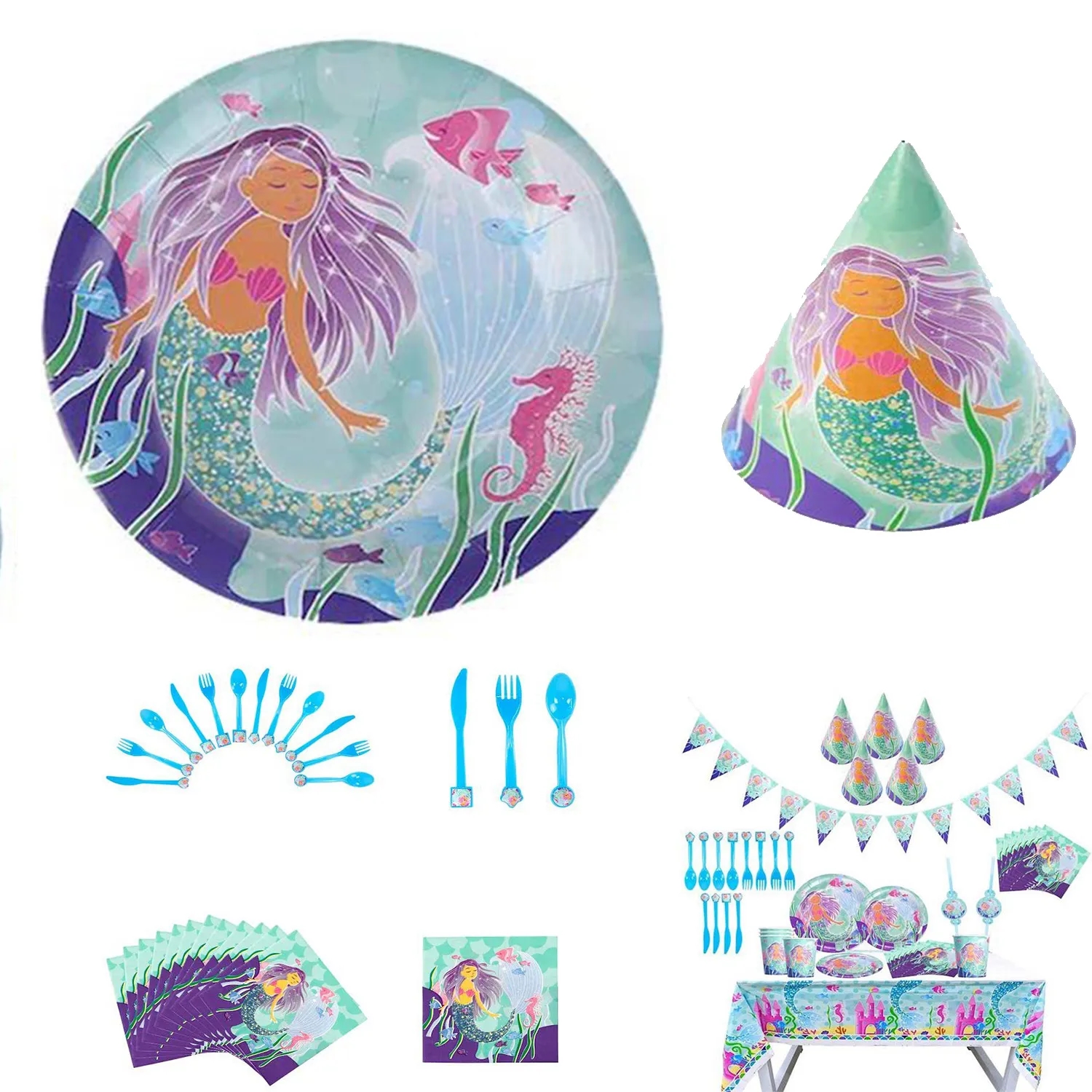 Party Supplies Set Serves 6 Blue Paper Plates 2