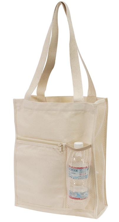 Canvas Mesh Tote Bag with Bottle Holder, custom tote bag with logo imprint 2