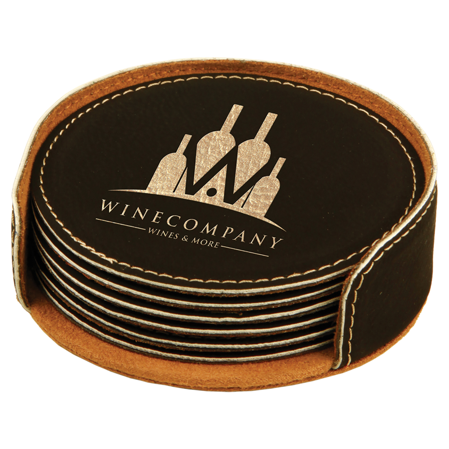 4" Black/Gold Round Leatherette 6-Coaster Set 1