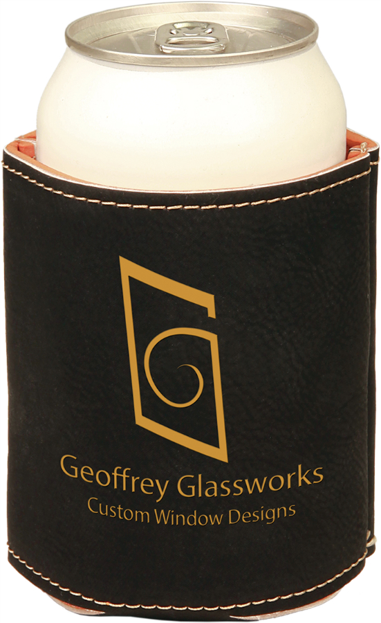 3 3/4" Black/Gold Leatherette Beverage Holder, custom koozie with logo imprint 3