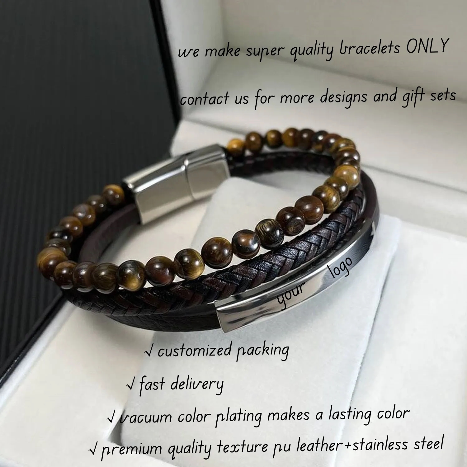 Tiger Eye Bead Men Bracelet Leather Gift for Him 3