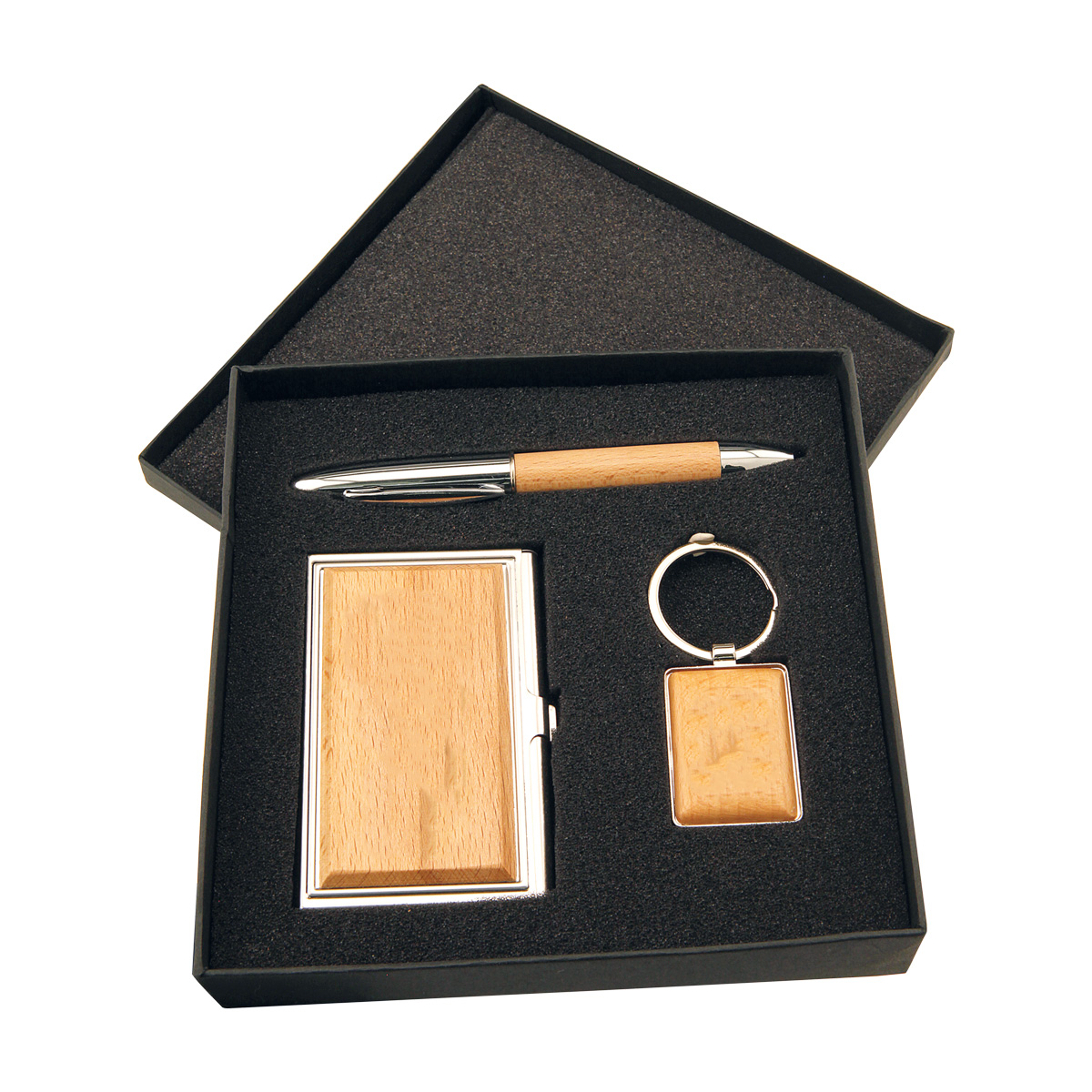 Silver/Wood Finish Gift Set with Business Card Case, Pen & Keychain 1