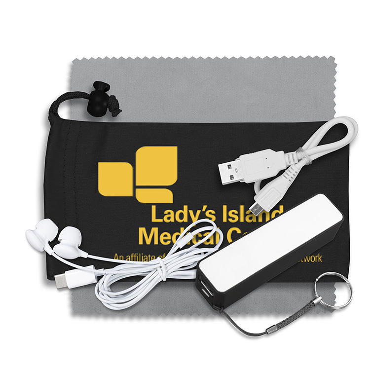 Mobile Tech Power Bank Accessory Kit with Earbuds in Microfiber Cinch Pouch 8