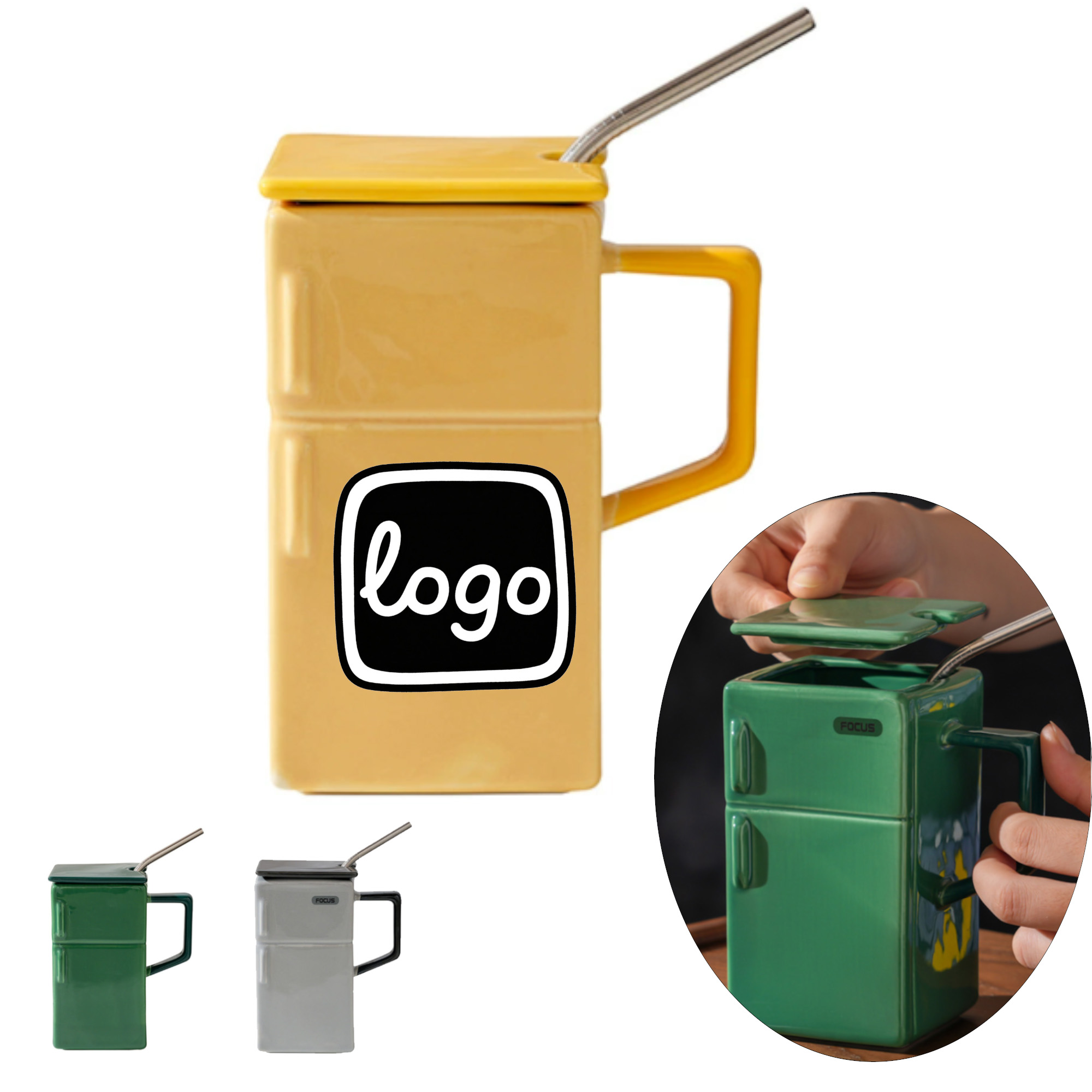 19oz Refrigerator shaped Ceramic Mug with Straw 2