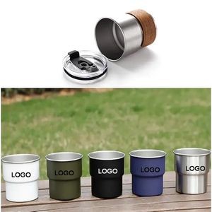 10oz Stainless Steel Camping Coffee Mug w/Wood Sleeve & Lid 1