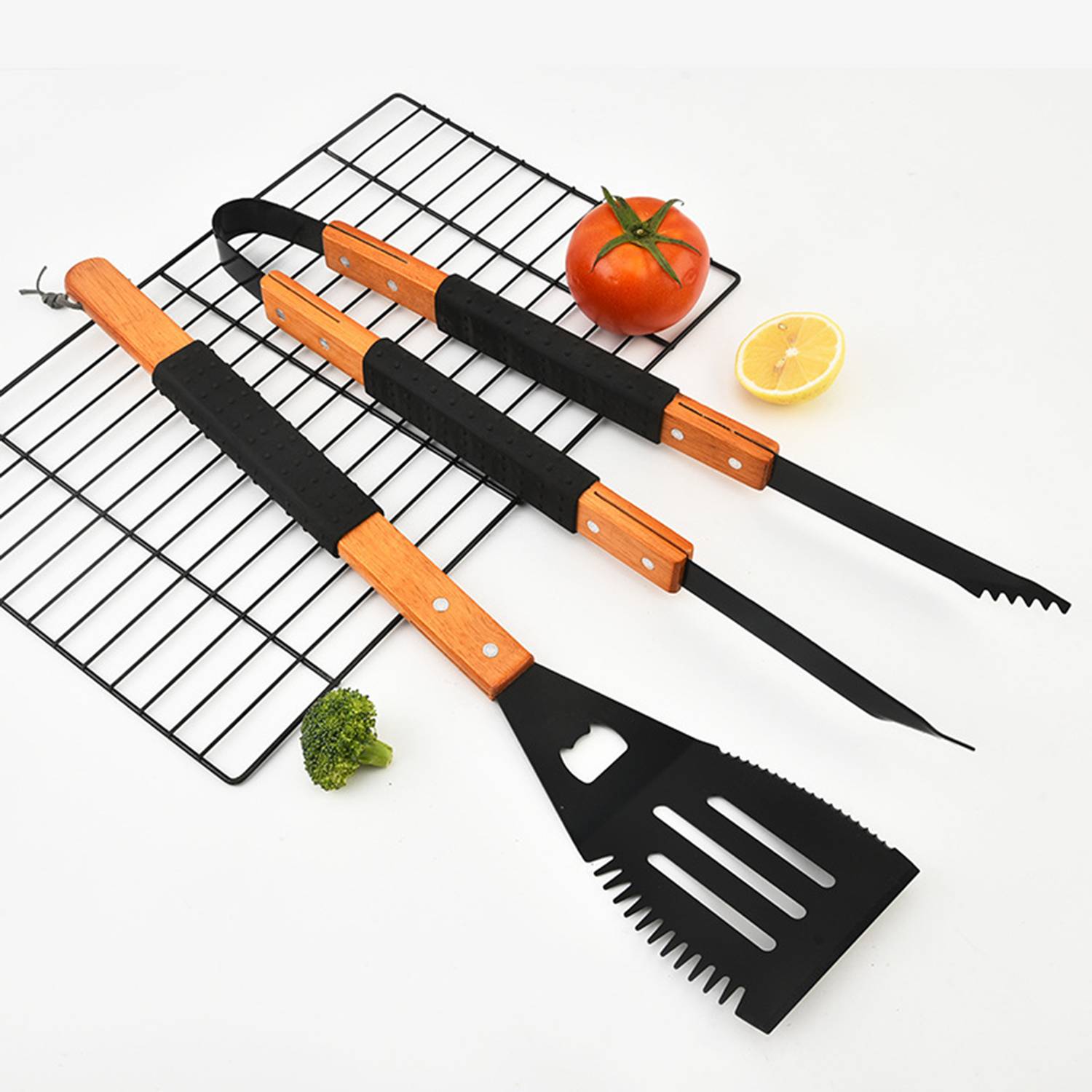 Outdoor wooden handle stainless steel barbecue tool set 3
