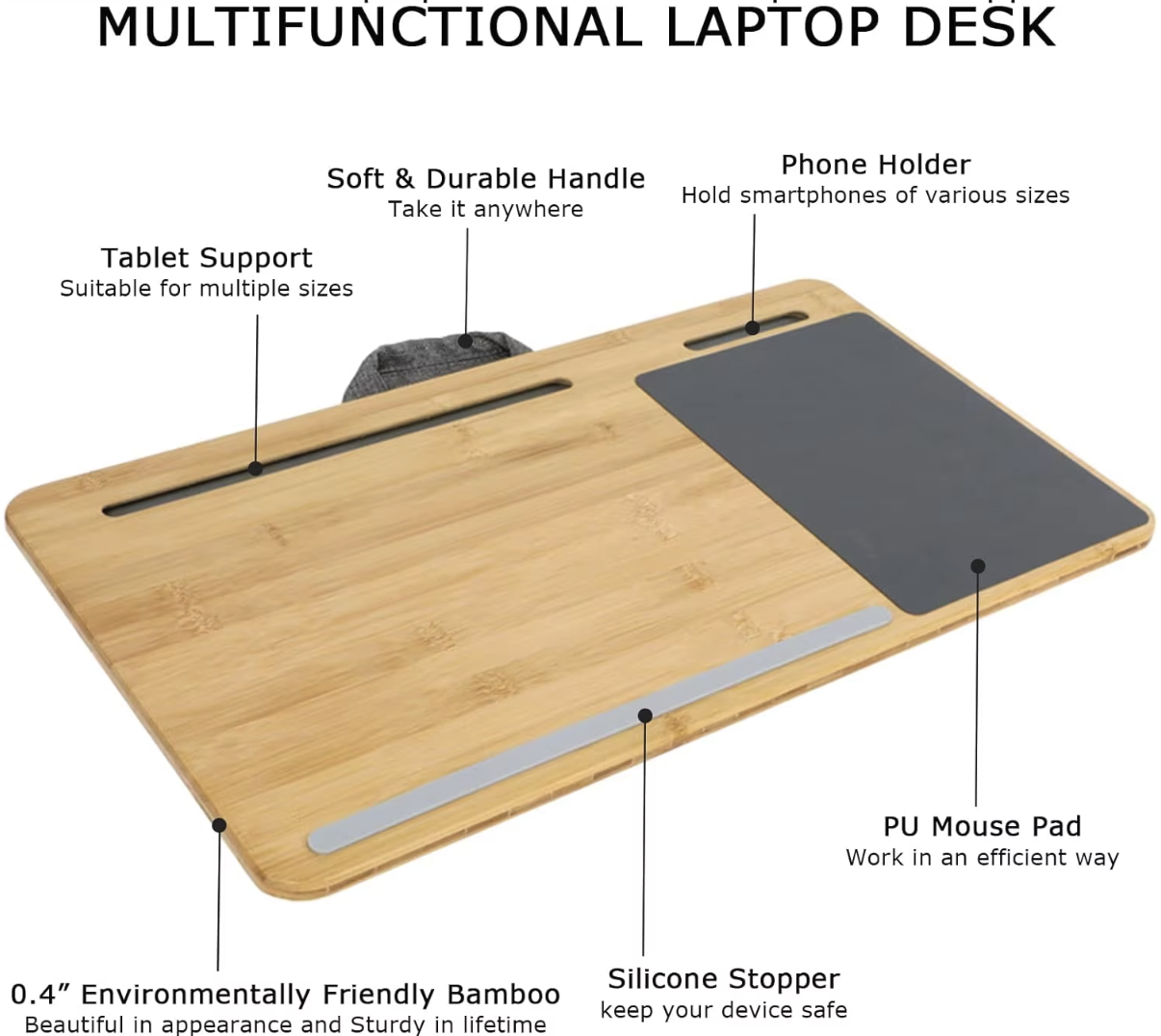 Bamboo Laptop Lap Desk Wiith Cushion Tablet Phone Slot Mouse Pad 2