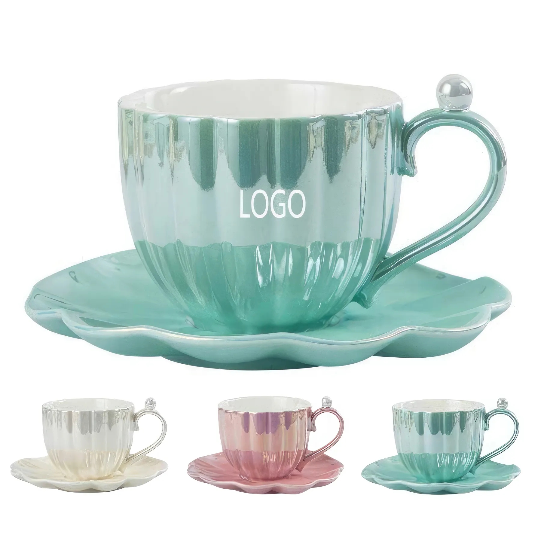 8oz Ceramic Pearl Elegant Coffee Cup and Saucer Set 2