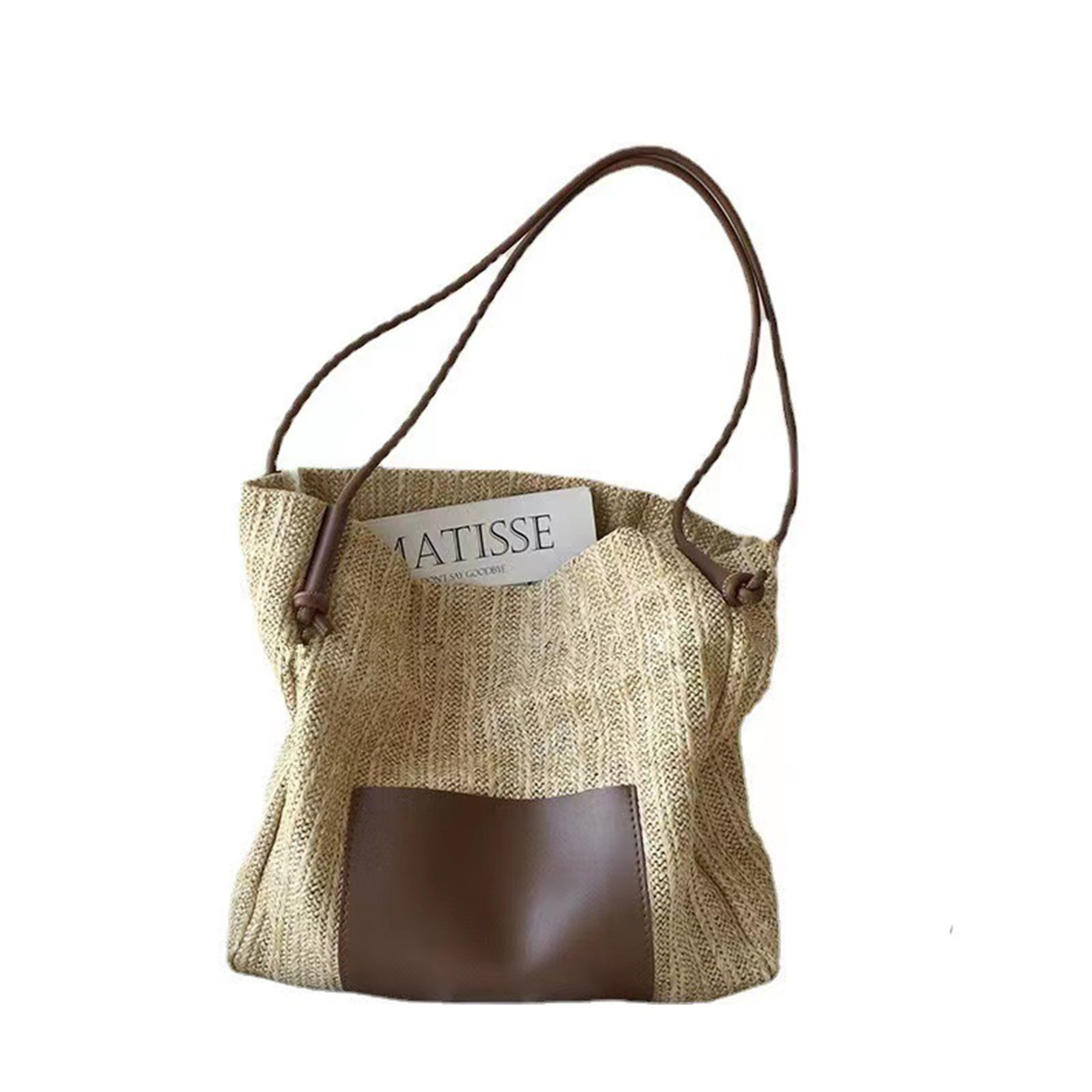 2-In-1 Fashion Straw Tote Bag With Leather Patch 2