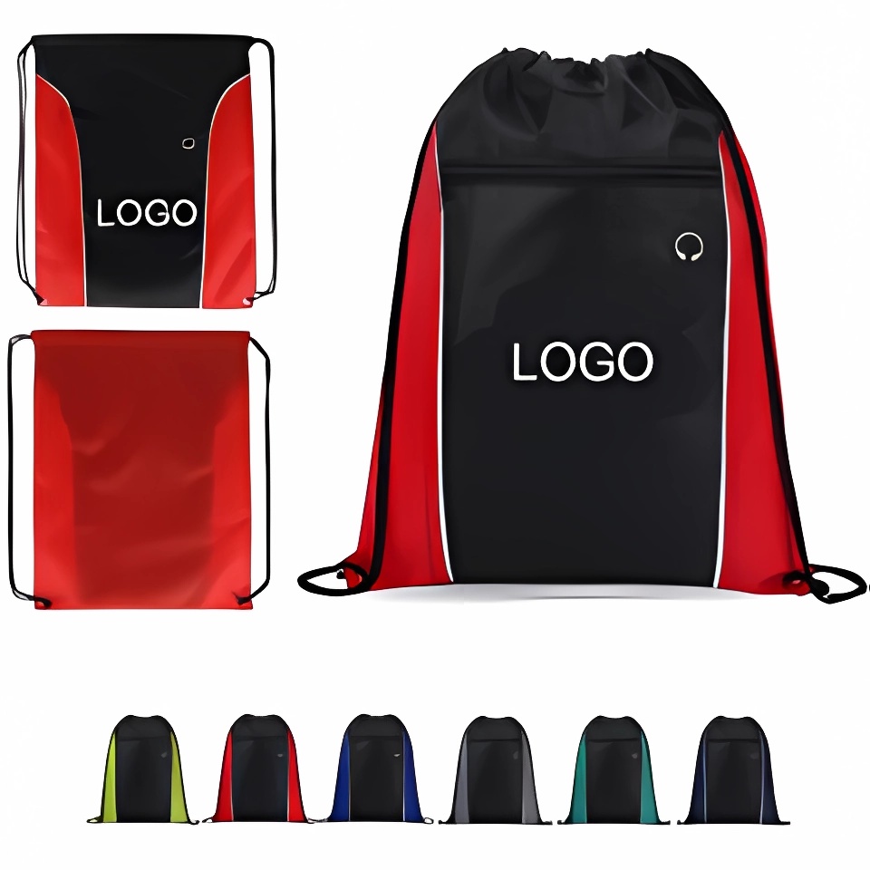 210D Vertical Side Drawstring Backpack W/ Front Zipper 2
