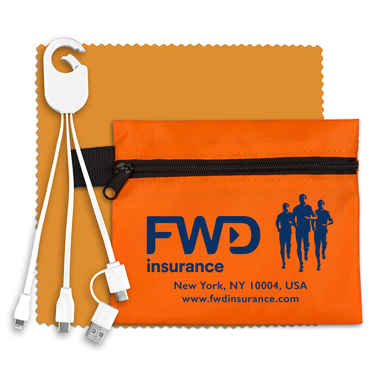 Mobile Tech Charging Cables In Zipper Pouch Components inserted into Polyester Zipper Pouch 10