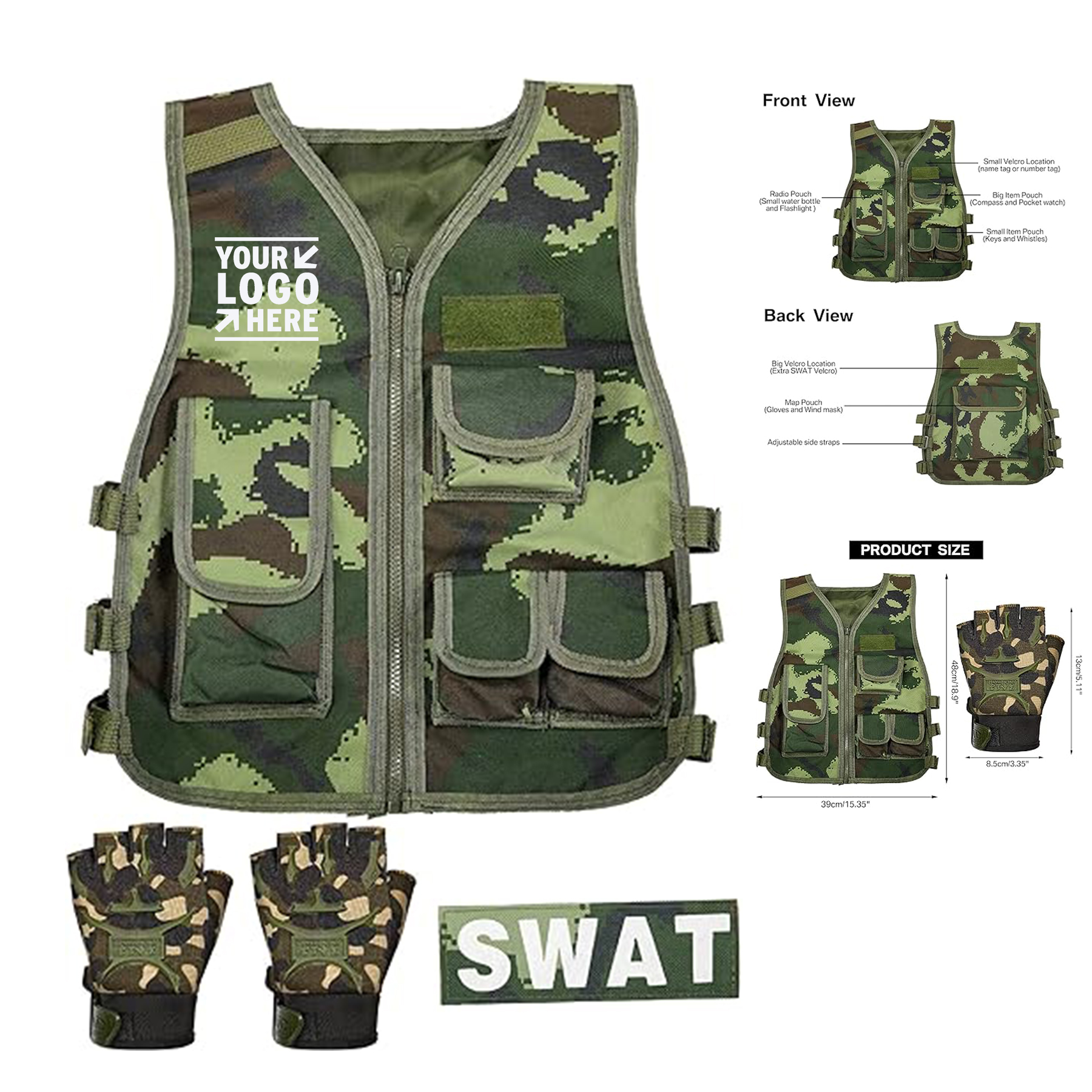 Outdoor Sports Kids Tactical Vest Army Combat Vest with Half Finger Short Gloves 2