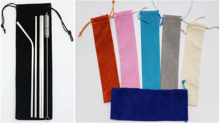4 Stainless Steel Straw With Cleaning Brush with a velvet bag