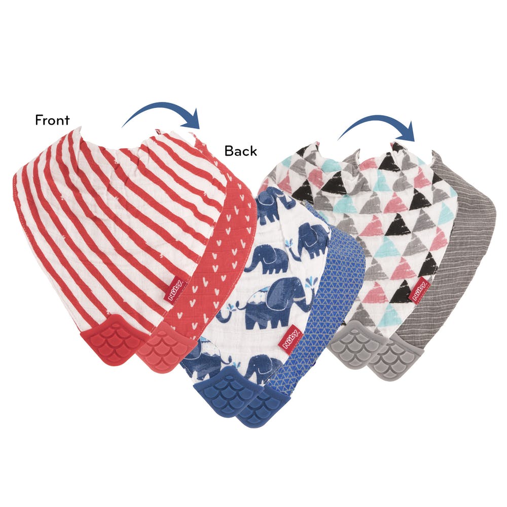 Nuby Muslin Bibs with Teether - Red Stripes/Elephant/Triangles 2 Pack 1