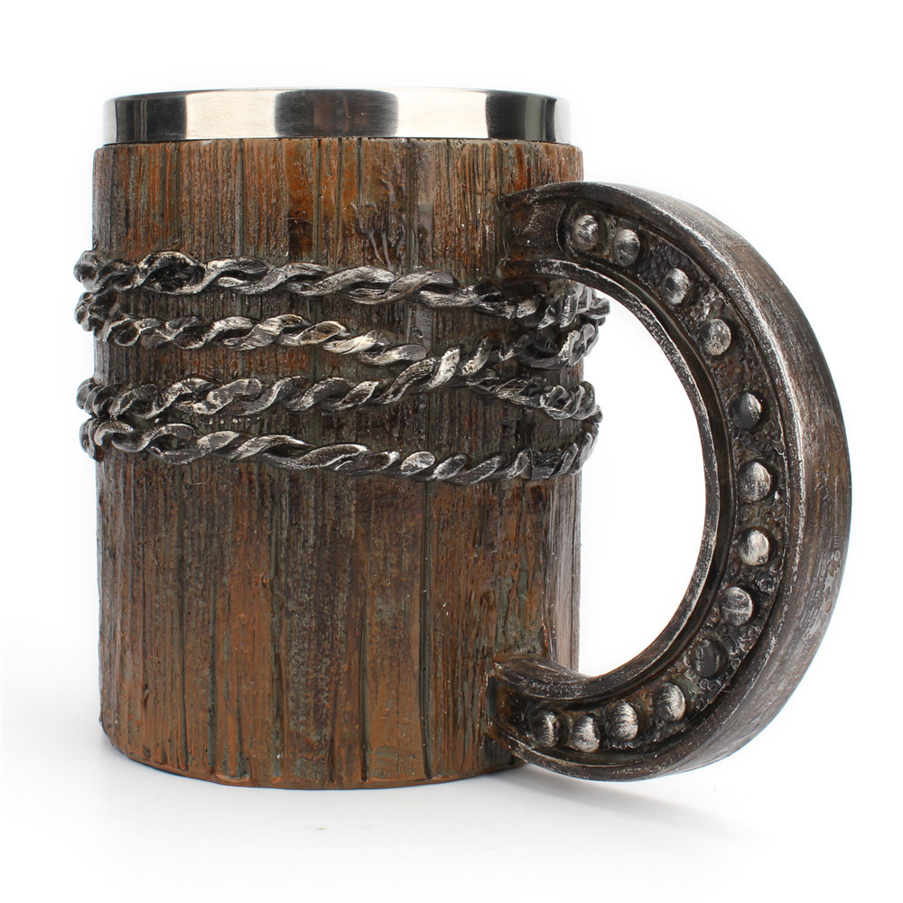Simulation Horseshoe Handle Chain Wooden Barrel Style Beer Mug 6