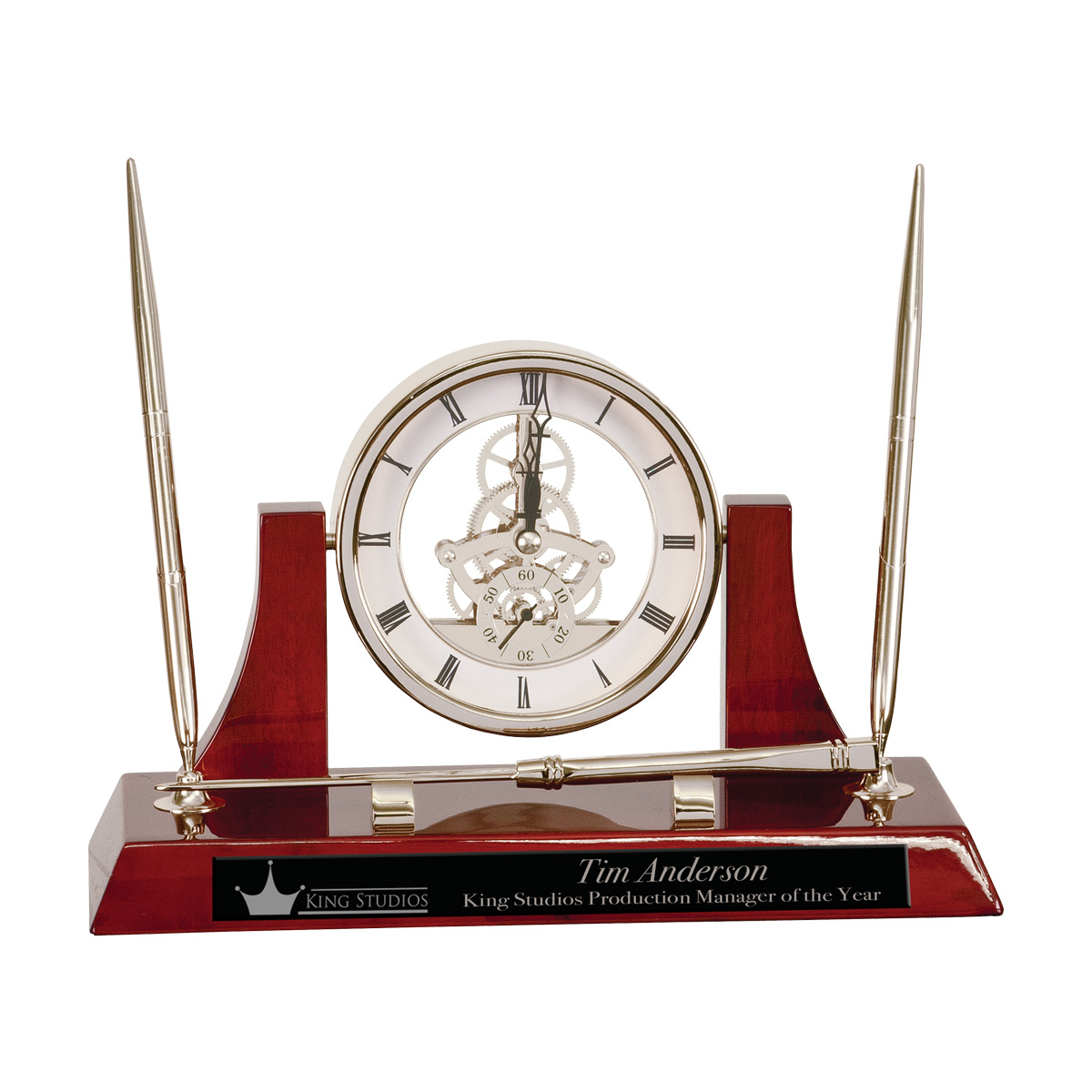 10 1/2" x 6" Executive Silver/Rosewood Piano Finish Clock w/2 Pens/Letter Opener