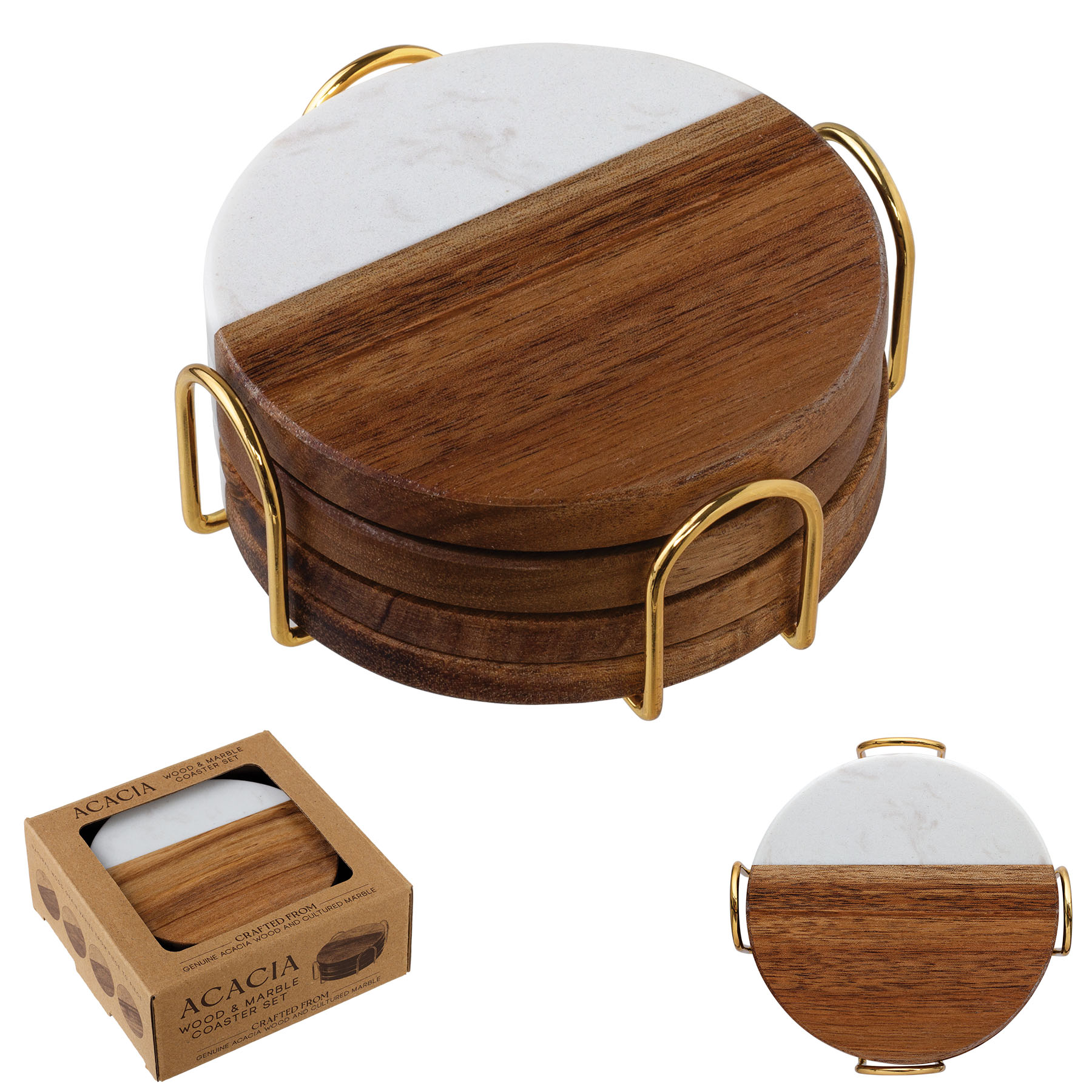 Acacia Wood & Marble Coaster Set 4
