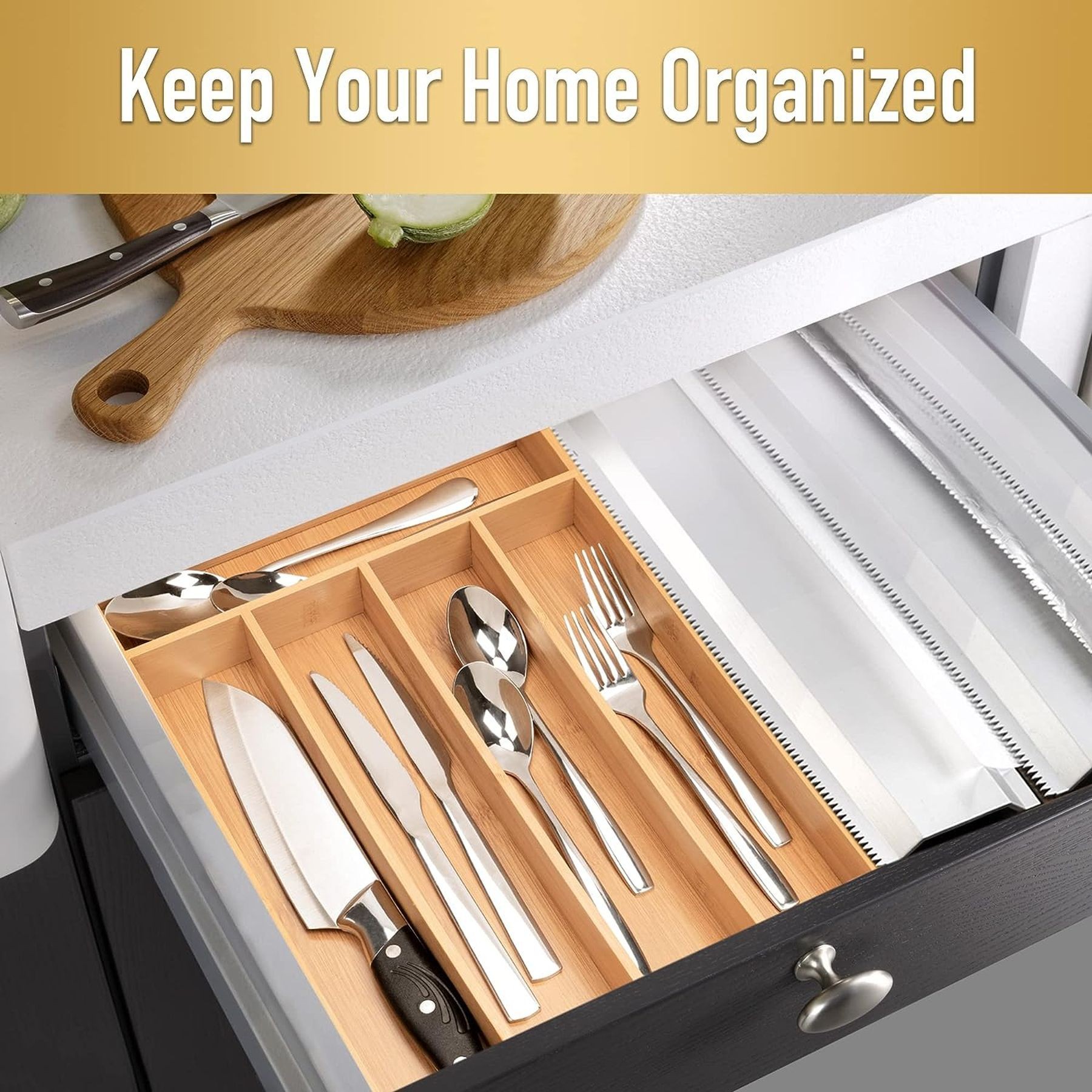 Bamboo Drawer Kitchen Organizer Silverware Holder 8