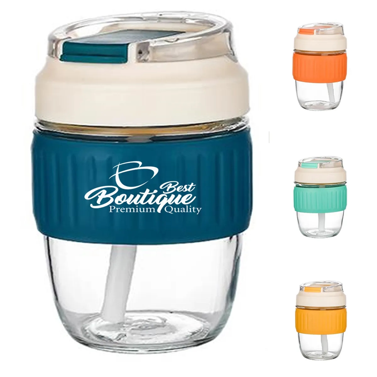 Coffee Drinking Silicone Sleeve Clear Cup with Lid and Straw 3