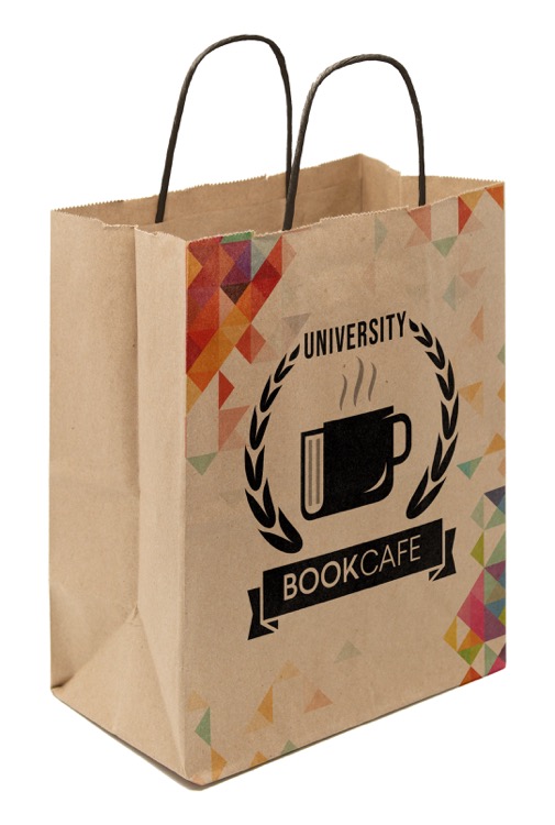 Full Color 1-Sided Natural with Black Handle Shopper Paper Bags (8"x 10.25"x 5")
