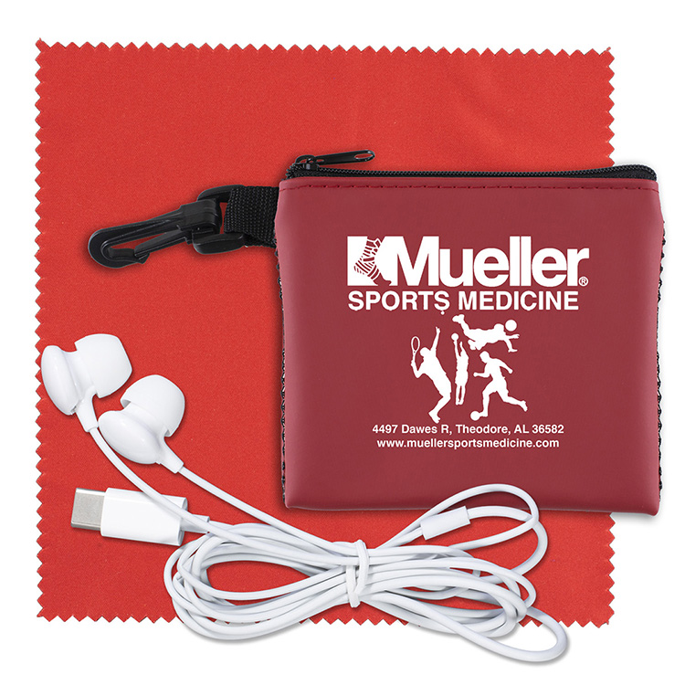 “TechMesh Tunes” Mobile Tech Earbud Kit in Mesh Zipper Pouch Components inserted into Zipper Pouch 3