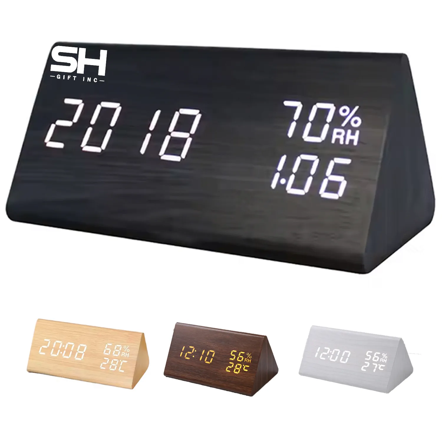 Wooden LED Alarm Clock With Voice Control And Temp Display 1