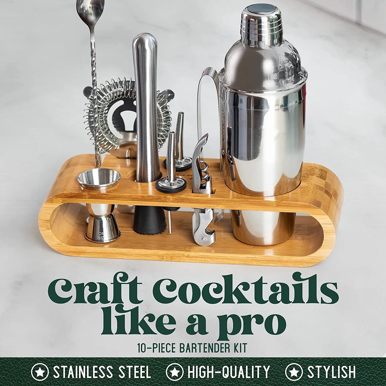 10-Piece bartender Tool with Stand Cocktail Maker Shaker set 8
