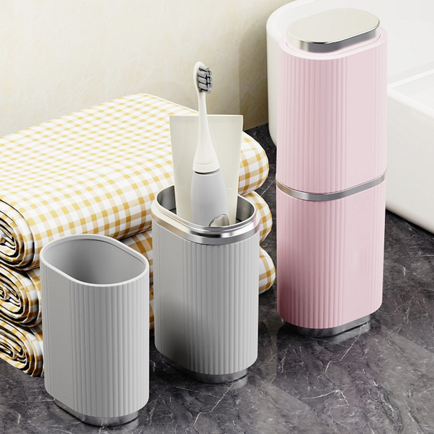 2-in-1 Travel Toiletry Cup & Toothbrush Holder Set w/ Lid 6