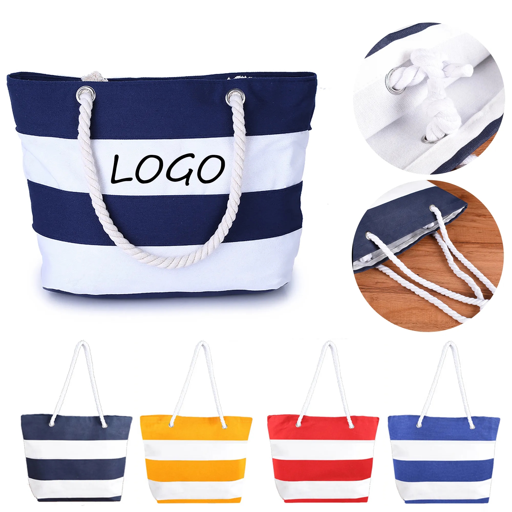 11.8" x 15.7" Striped Canvas Tote Shoulder Beach Bag