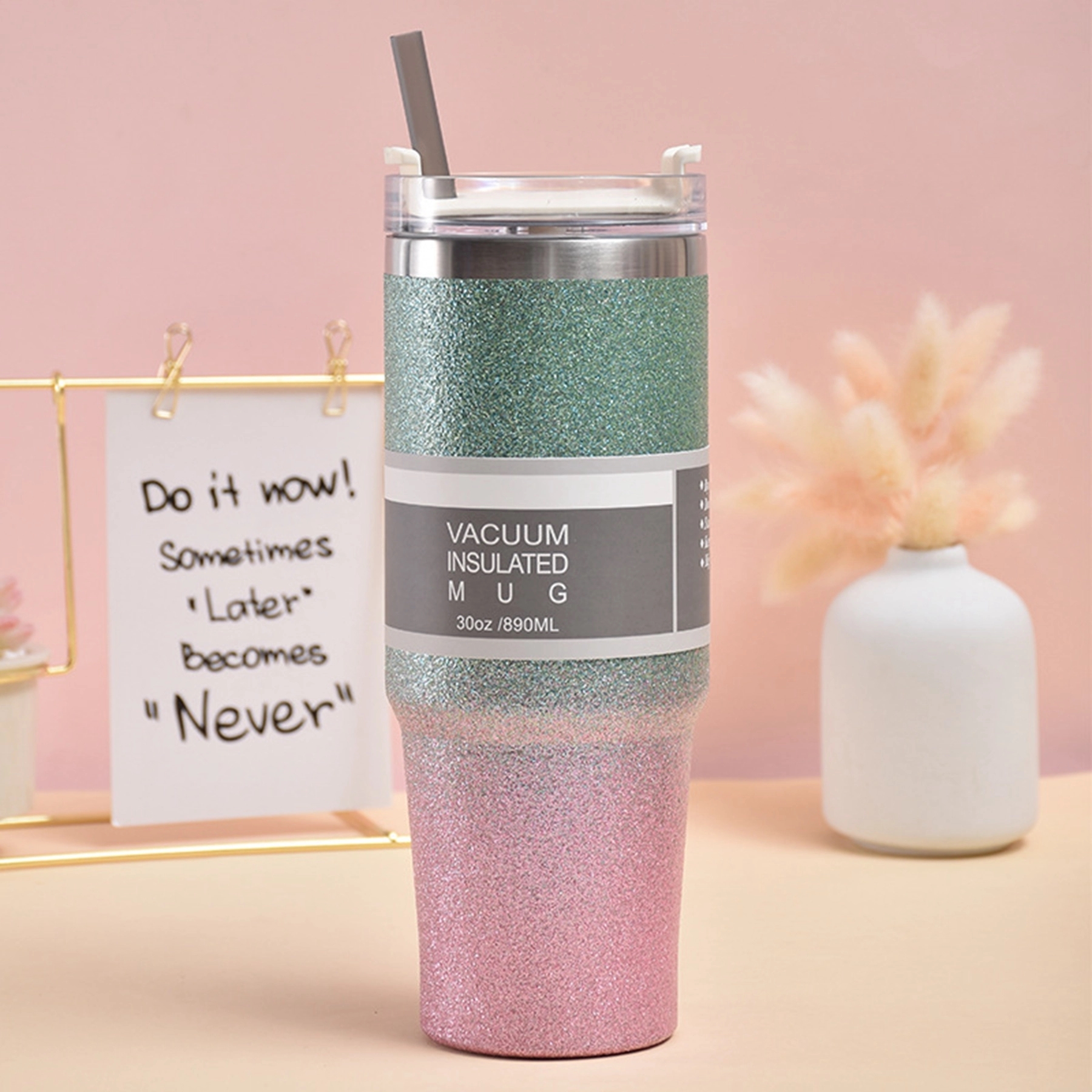 30oz Double Wall Glitter Coffee Tumbler with Straw & Lid 12