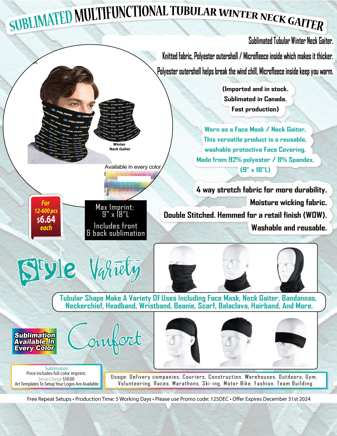 Sublimated Multifunction Tubular 2-ply WINTER Neck Gaiter (Polyester Microfleece) 6
