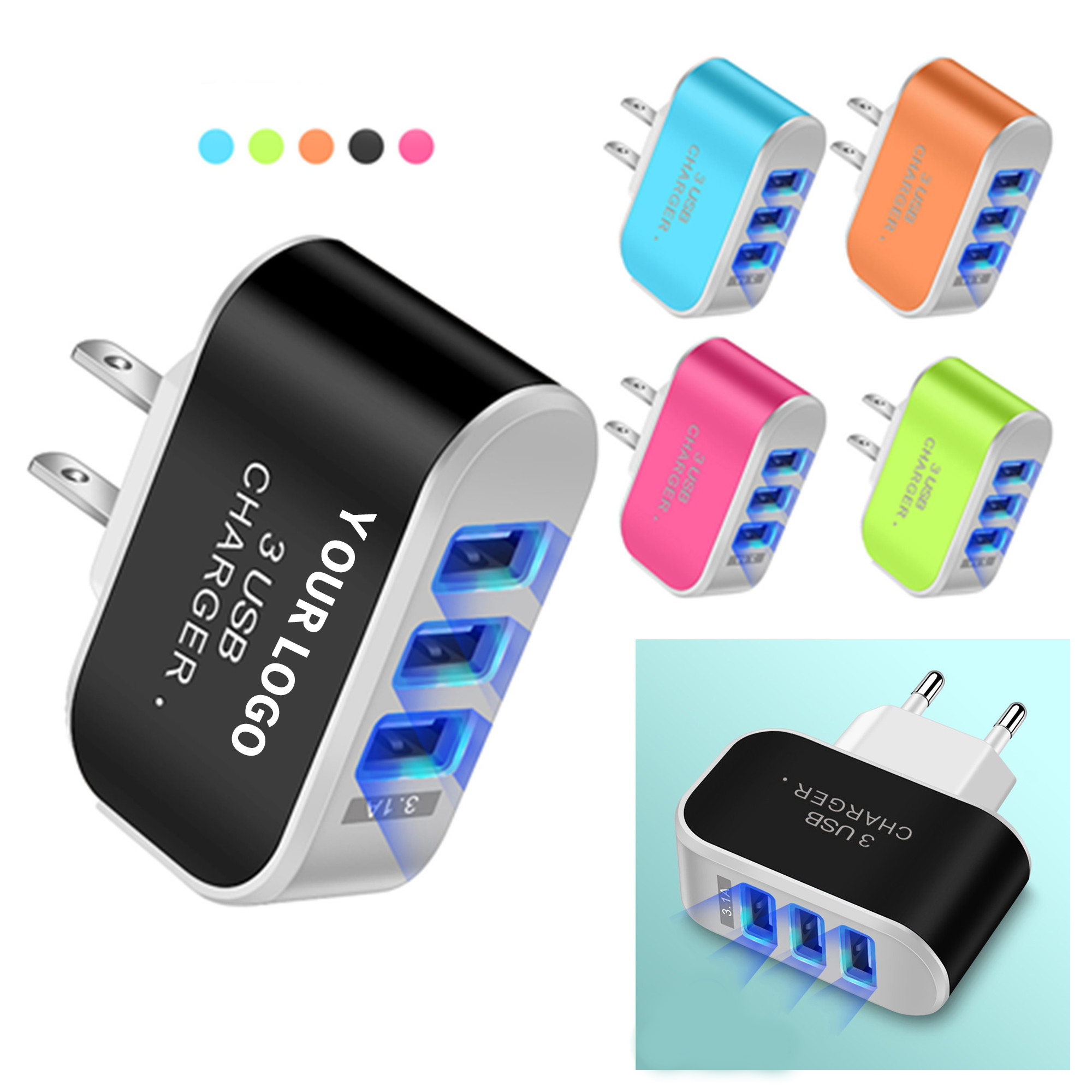 Three Port Wall Charger 5 Volt 2 Amp 2.6" x 2.4" 3